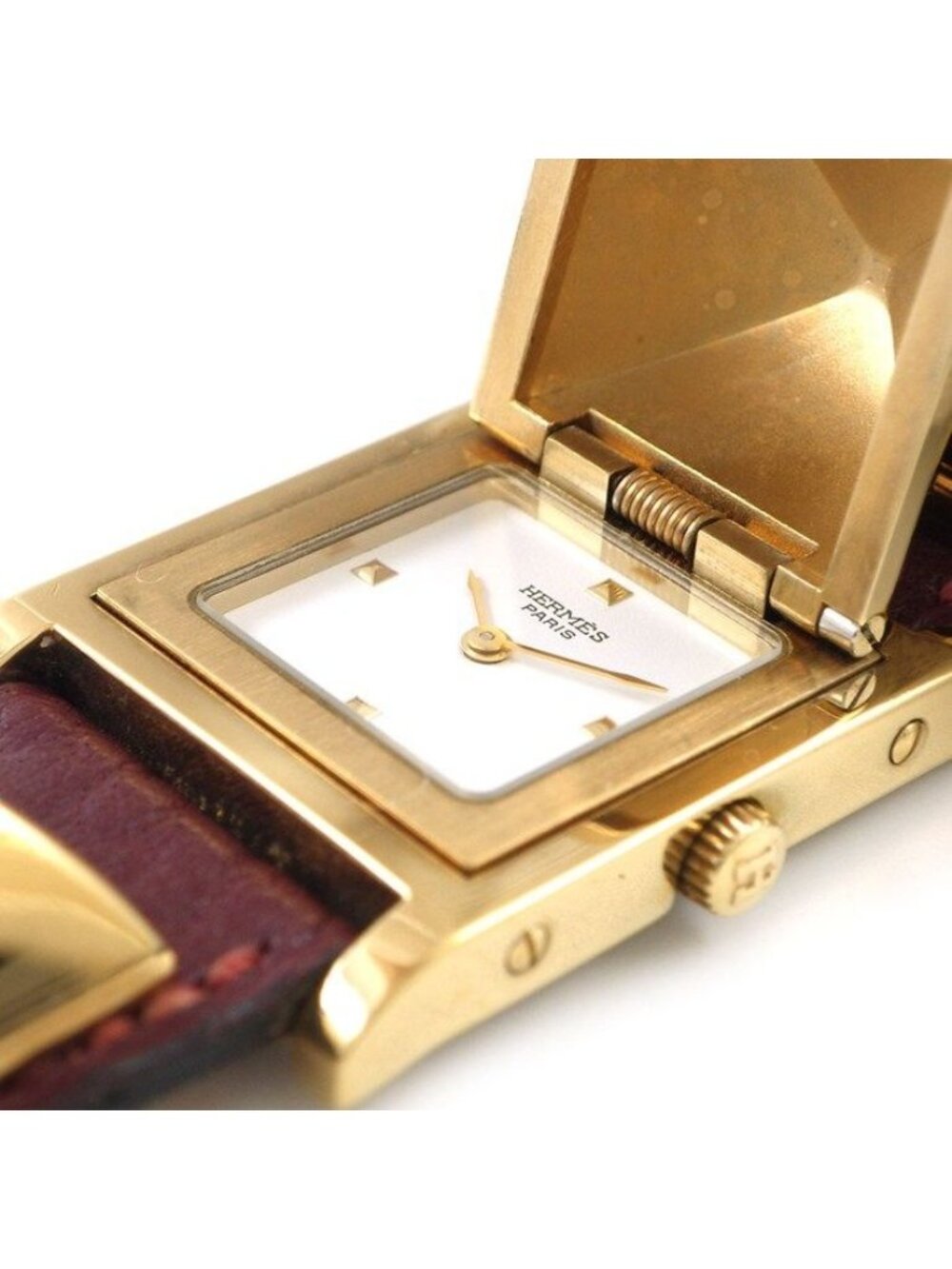 Hermes Watch Medallion Studs Square White Dial Red Leather Quartz Analog - Picture 3 of 12